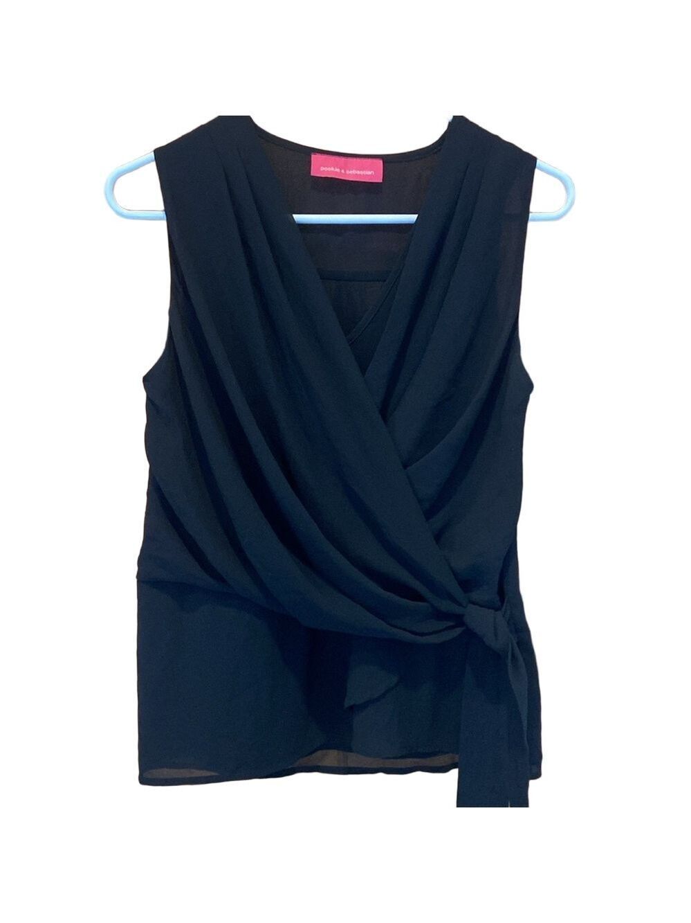 Pookie & Sebastian Black Sleeveless Wrap Top with Tie Detail Size Small